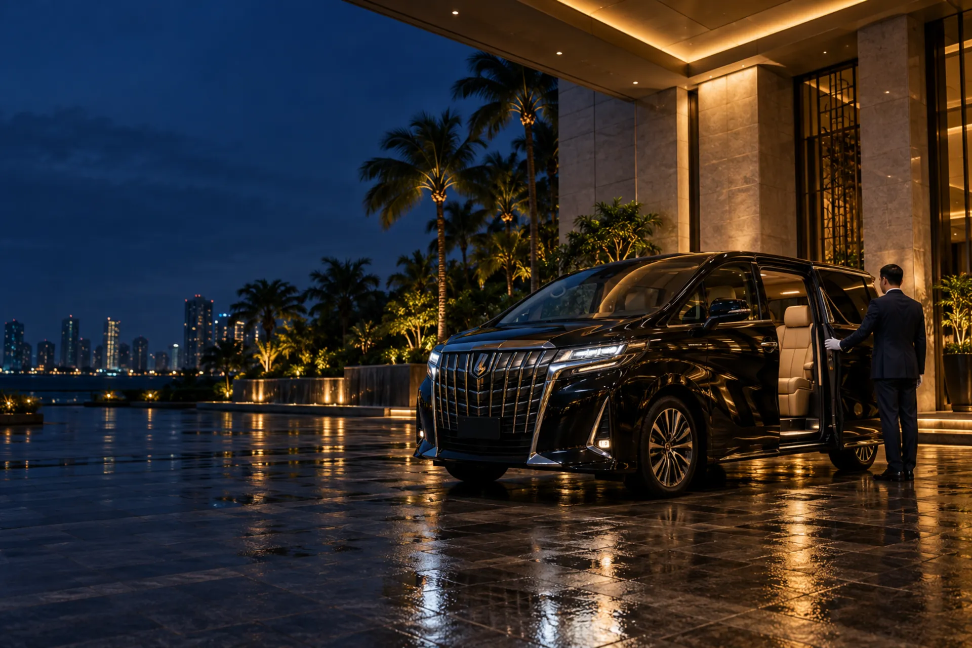 Black Toyota Alphard with its chauffeur at a Singapore hotel entrance at night